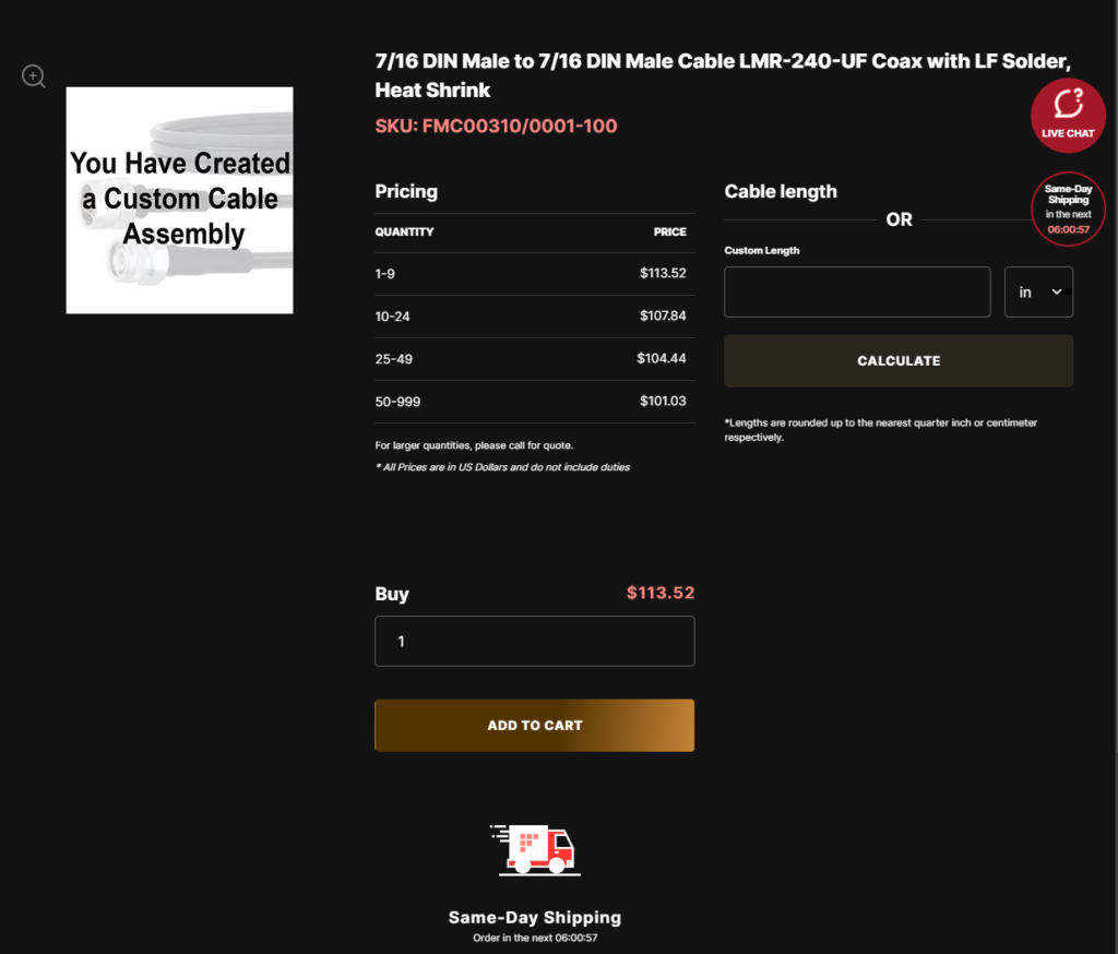 Image of Custom coaxial cable assembly web page