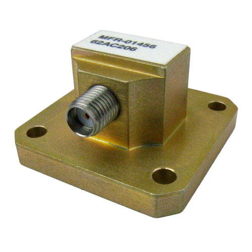 WR-62 to SMA Female Waveguide to Coax Adapter Square Cover Standard with 12.4 GHz to 18 GHz Ku Band in Aluminum Fairview Microwave 62AC206