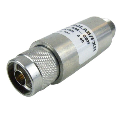 3 dB Fixed Attenuator N Male (Plug) to N Female (Jack) Up to 3 GHz Rated to 2 Watts, Aluminum Passivated Body, 1.2 VSWR Fairview Microwave AM-03N