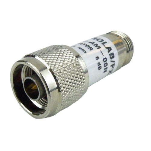 6 dB Fixed Attenuator N Male (Plug) to N Female (Jack) Up to 3 GHz Rated to 2 Watts, Aluminum Passivated Body, 1.2 VSWR Fairview Microwave AM-06N