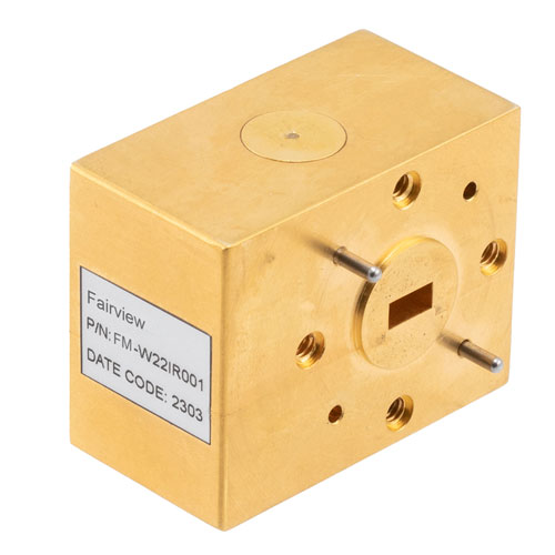 WR-22 Waveguide Isolator with 15 dB min Isolation from 32.9 GHz to 40 GHz using UG-383/U Cover Flange in Brass Fairview Microwave FM-W22IR001