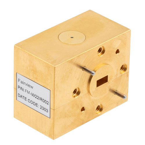 WR-22 Waveguide Isolator with 15 dB min Isolation from 40 GHz to 46 GHz using UG-383/U Cover Flange in Brass Fairview Microwave FM-W22IR002