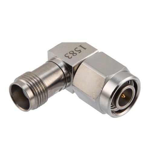 Miter RA TNC Male to TNC Female Adapter with Passivated Stainless Steel Body, DC to 18 GHz Fairview Microwave FMAD1583