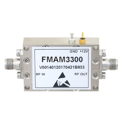 2 dB NF Amplifier, Operating From 26.5 GHz to 40 GHz with 43 dB Gain, 12 dBm P1dB and 2.92mm Fairview Microwave FMAM3300