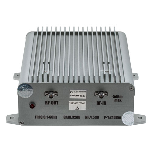 30 dB Gain, 25 dBm P1dB, 0.1 GHz to 6 GHz, Broadband AC Low Noise Amplifier, Bench-Top, 110/220VAC, 3.7 dB Noise Figure, SMA Fairview Microwave FMAM63027