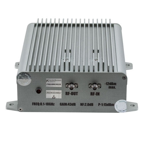 42 dB Gain, 16 dBm P1dB, 0.1 GHz to 18 GHz, Broadband AC Low Noise Amplifier, Bench-Top, 110/220VAC, 2.2 dB Noise Figure, SMA Fairview Microwave FMAM63028