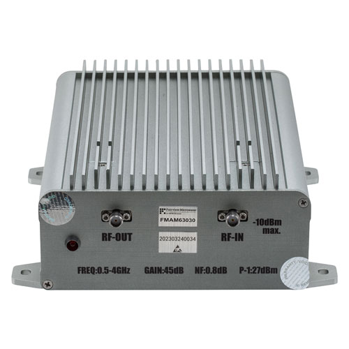 45 dB Gain, 26 dBm P1dB, 0.5 GHz to 4 GHz, Broadband AC Low Noise Amplifier, Bench-Top, 110/220VAC, 0.8 dB Noise Figure, SMA Fairview Microwave FMAM63030