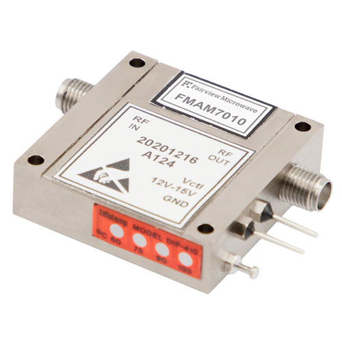 Variable Gain Control Amplifier, 1 GHz to 26.5 GHz, GaAs FET, 40 dB Gain, 20 dB Variable Gain, +13 dBm P1dB, SMA Fairview Microwave FMAM7010