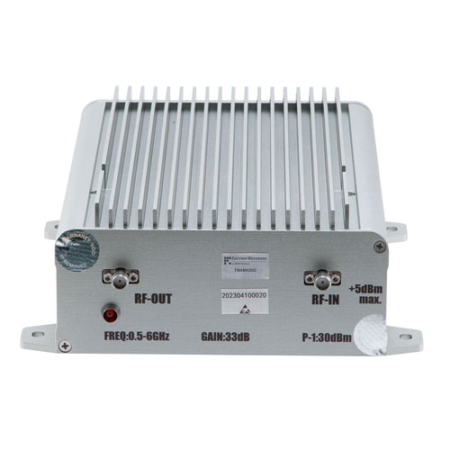 1.25W Psat, 32 dB Gain, 0.5 GHz to 6 GHz, AC Powered Broadband GaAs Power Amplifier with Heatsink, Bench-Top, 110/240VAC, SMA Fairview Microwave FMAMA5093