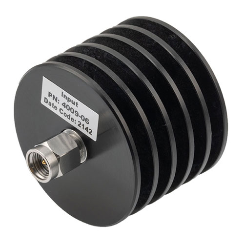 6 dB Fixed Attenuator 2.92mm Male (Plug) to 2.92mm Female (Jack) Up to 40 GHz Rated to 10 Watts, Black Aluminum Heatsink Body, 1.4 VSWR Fairview Microwave FMAT4009-06