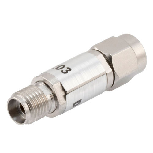 3 dB Fixed Attenuator 2.92mm Male (Plug) to 2.92mm Female (Jack) Up to 40 GHz Rated to 0.5 Watts, Passivated Stainless Steel Body, 1.35 VSWR Fairview Microwave FMAT7429-3