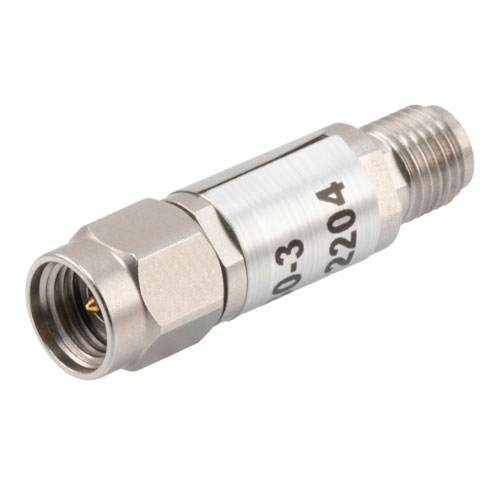 3 dB Fixed Attenuator 2.92mm Male (Plug) to 2.92mm Female (Jack) Up to 40 GHz Rated to 2 Watts, Passivated Stainless Steel Body, 1.35 VSWR Fairview Microwave FMAT7430-3