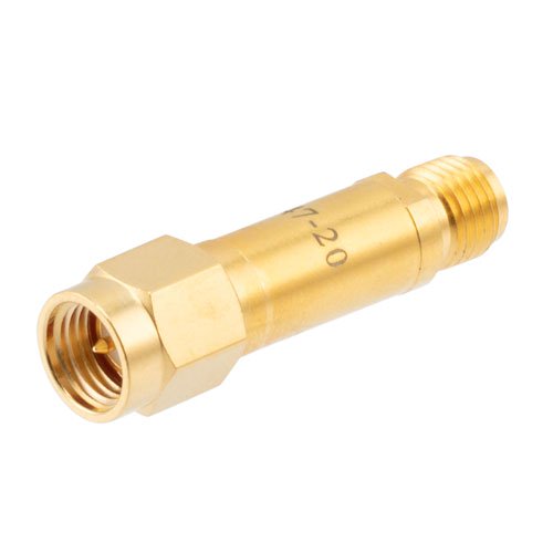 20 dB DC Bias Attenuator, SMA male to SMA female brass body rated to 2 watts Fairview Microwave FMAT7447-20