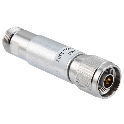 30 dB Fixed Attenuator N Male (Plug) to N Female (Jack) Up to 12.4 GHz Rated to 5 Watts, Brass Nickel Body, 1.35:1 VSWR Fairview Microwave FMAT7461-30