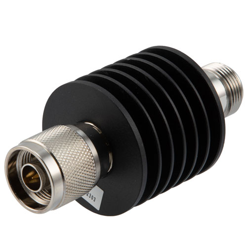 10 dB Fixed Attenuator N Male (Plug) to N Female (Jack) Up to 12.4 GHz Rated to 10 Watts, Black Aluminum Body, 1.35:1 VSWR Fairview Microwave FMAT7464-10