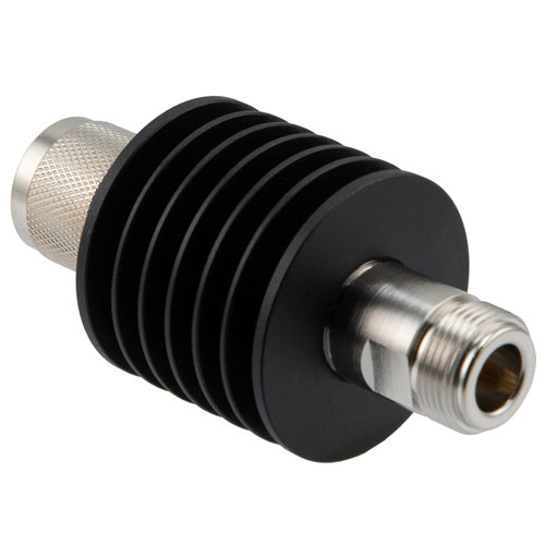 10 dB Fixed Attenuator N Male (Plug) to N Female (Jack) Up to 12.4 GHz Rated to 10 Watts, Black Aluminum Body, 1.35:1 VSWR Fairview Microwave FMAT7464-10