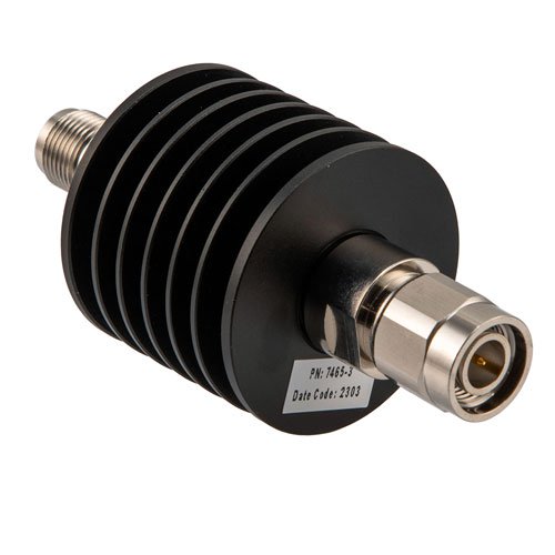 20 dB Fixed Attenuator TNC Male (Plug) to TNC Female (Jack) Up to 12.4 GHz Rated to 10 Watts, Black Aluminum Body, 1.35:1 VSWR Fairview Microwave FMAT7465-20