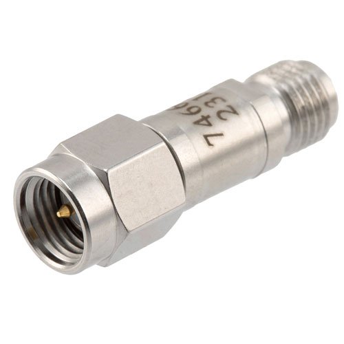 2 dB Fixed Attenuator SMA Male (Plug) to SMA Female (Jack) DC to 12 GHz Rated to 2 Watts, Stainless Steel Body, 1.35:1 VSWR Fairview Microwave FMAT7466-2