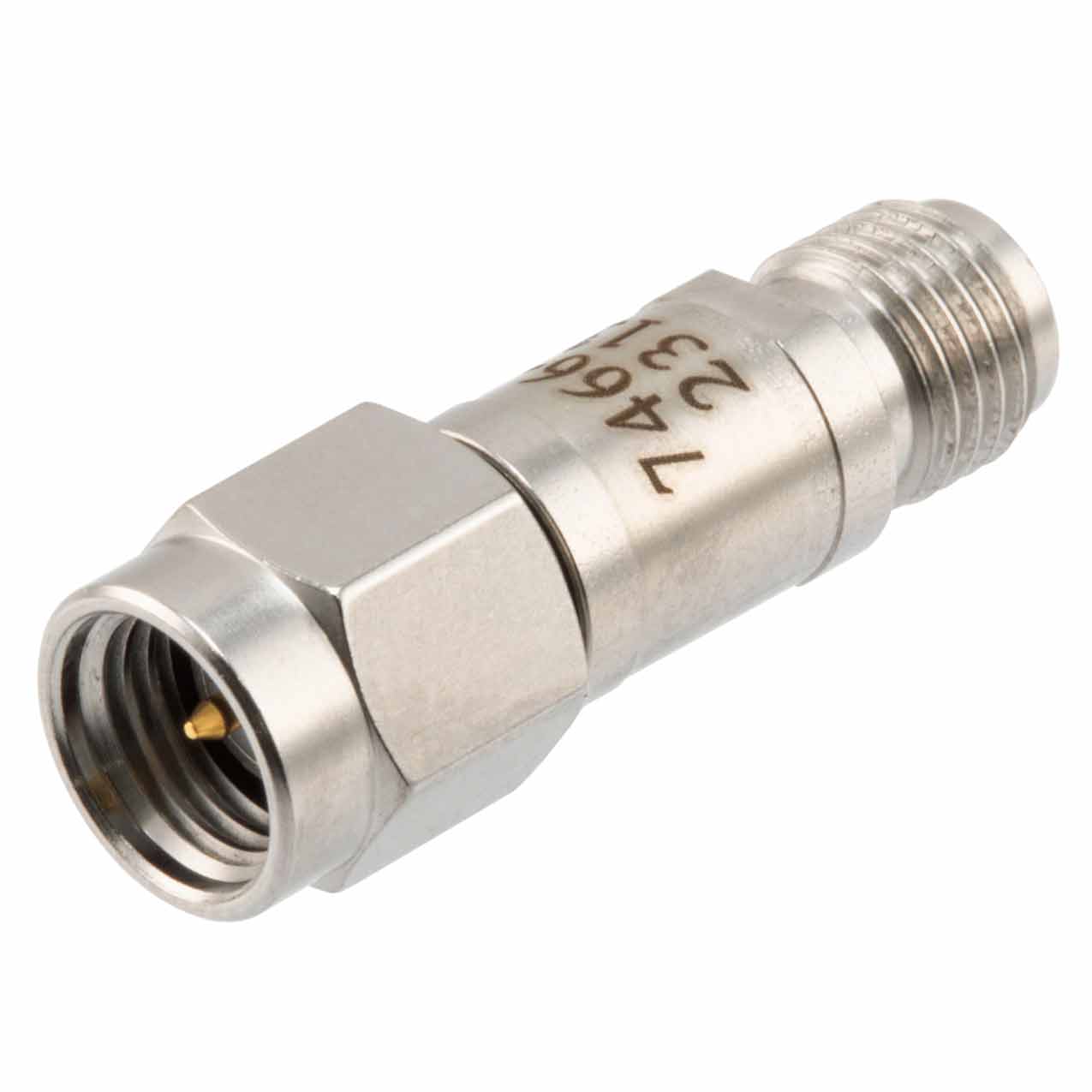 9 dB Fixed Attenuator SMA Male (Plug) to SMA Female (Jack) DC to 12 GHz Rated to 2 Watts, Stainless Steel Body, 1.35:1 VSWR Fairview Microwave FMAT7466-9