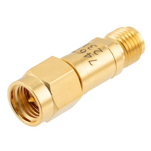 2 dB Fixed Attenuator SMA Male (Plug) to SMA Female (Jack) DC to 12 GHz Rated to 2 Watts, Brass Body, 1.35:1 VSWR Fairview Microwave FMAT7467-2