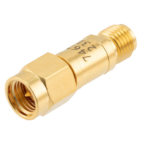 4 dB Fixed Attenuator SMA Male (Plug) to SMA Female (Jack) DC to 12 GHz Rated to 2 Watts, Brass Body, 1.35:1 VSWR Fairview Microwave FMAT7467-4