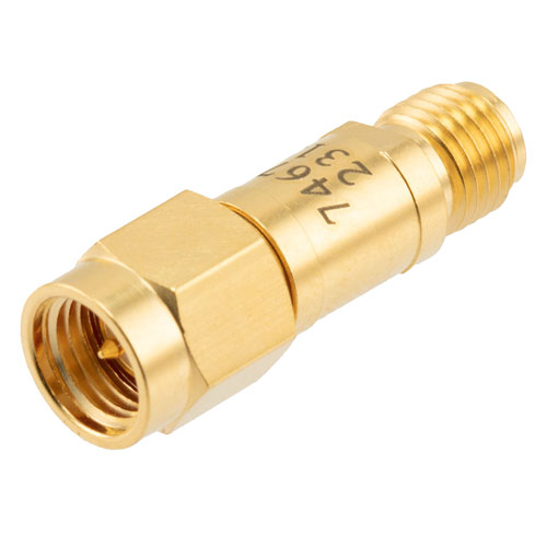 7 dB Fixed Attenuator SMA Male (Plug) to SMA Female (Jack) DC to 12 GHz Rated to 2 Watts, Brass Body, 1.35:1 VSWR Fairview Microwave FMAT7467-7