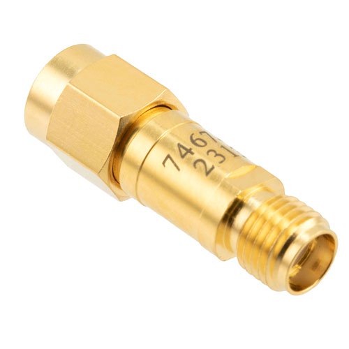 7 dB Fixed Attenuator SMA Male (Plug) to SMA Female (Jack) DC to 12 GHz Rated to 2 Watts, Brass Body, 1.35:1 VSWR Fairview Microwave FMAT7467-7