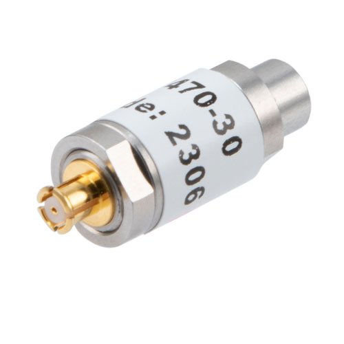 30 dB Fixed Attenuator SMP Male (Plug) to SMP Female (Jack) Up to 18 GHz Rated to 1 Watt, Stainless Steel Body, 1.35:1 VSWR Fairview Microwave FMAT7470-30