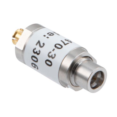 30 dB Fixed Attenuator SMP Male (Plug) to SMP Female (Jack) Up to 18 GHz Rated to 1 Watt, Stainless Steel Body, 1.35:1 VSWR Fairview Microwave FMAT7470-30