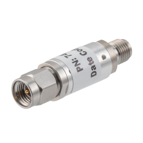 10 dB Fixed Attenuator 3.5mm Male (Plug) to 3.5mm Female (Jack) up to 26.5 GHz Rated to 2 Watts, Aluminum Body, 1.45:1 VSWR Fairview Microwave FMAT7471-10