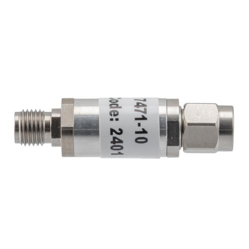 10 dB Fixed Attenuator 3.5mm Male (Plug) to 3.5mm Female (Jack) up to 26.5 GHz Rated to 2 Watts, Aluminum Body, 1.45:1 VSWR Fairview Microwave FMAT7471-10