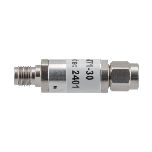 30 dB Fixed Attenuator 3.5mm Male (Plug) to 3.5mm Female (Jack) up to 26.5 GHz Rated to 2 Watts, Aluminum Body, 1.45:1 VSWR Fairview Microwave FMAT7471-30