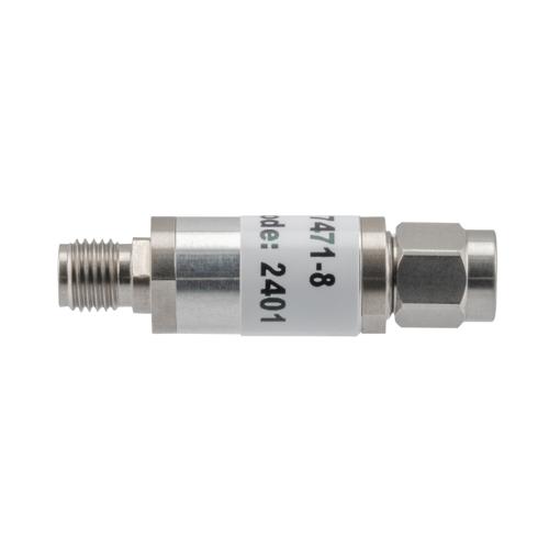 8 dB Fixed Attenuator 3.5mm Male (Plug) to 3.5mm Female (Jack) up to 26.5 GHz Rated to 2 Watts, Aluminum Body, 1.45:1 VSWR Fairview Microwave FMAT7471-8