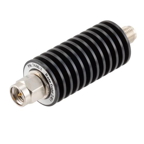 3 dB Fixed Attenuator SMA Male (Plug) to SMA Female (Jack) up to 26.5 GHz Rated to 20 Watts, Black Anodized Aluminum Body, 1.35:1 VSWR Fairview Microwave FMAT7486-3