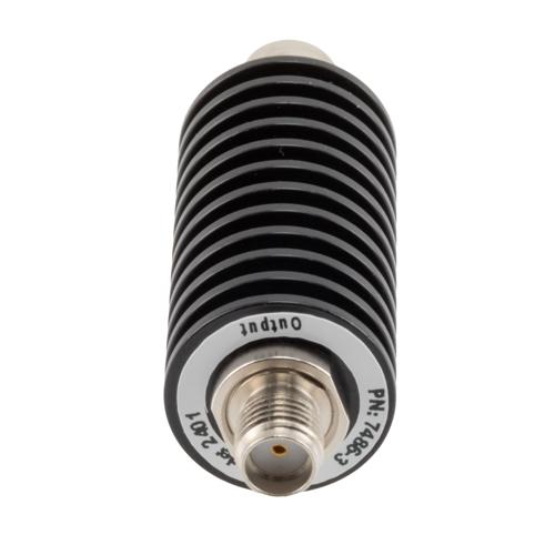 3 dB Fixed Attenuator SMA Male (Plug) to SMA Female (Jack) up to 26.5 GHz Rated to 20 Watts, Black Anodized Aluminum Body, 1.35:1 VSWR Fairview Microwave FMAT7486-3