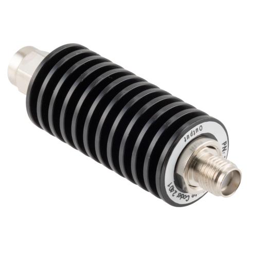 3 dB Fixed Attenuator SMA Male (Plug) to SMA Female (Jack) up to 26.5 GHz Rated to 20 Watts, Black Anodized Aluminum Body, 1.35:1 VSWR Fairview Microwave FMAT7486-3