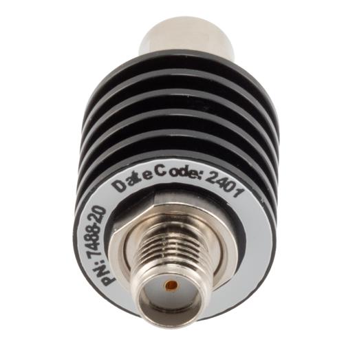 20 dB Fixed Attenuator SMA Male (Plug) to SMA Female (Jack) up to 26.5 GHz Rated to 5 Watts, Black Anodized Aluminum Body, 1.35:1 VSWR Fairview Microwave FMAT7488-20