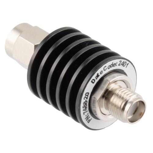 20 dB Fixed Attenuator SMA Male (Plug) to SMA Female (Jack) up to 26.5 GHz Rated to 5 Watts, Black Anodized Aluminum Body, 1.35:1 VSWR Fairview Microwave FMAT7488-20