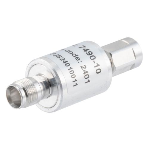 10 dB Fixed Attenuator NEX10 Male (Plug) to NEX10 Female (Jack) Up to 6 GHz Rated to 5 Watts, Aluminum Body, 1.25:1 VSWR Fairview Microwave FMAT7490-10