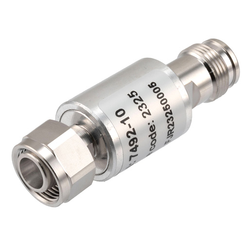 10 dB Fixed Attenuator 2.2-5 Male (Plug) to 2.2-5 Female (Jack) DC to 6 GHz Rated to 5 Watts, Brass Body, 1.25:1 VSWR Fairview Microwave FMAT7492-10