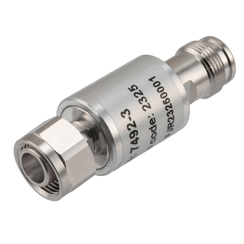 3 dB Fixed Attenuator 2.2-5 Male (Plug) to 2.2-5 Female (Jack) DC to 6 GHz Rated to 5 Watts, Brass Body, 1.25:1 VSWR Fairview Microwave FMAT7492-3