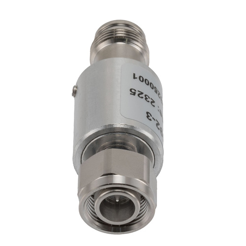 3 dB Fixed Attenuator 2.2-5 Male (Plug) to 2.2-5 Female (Jack) DC to 6 GHz Rated to 5 Watts, Brass Body, 1.25:1 VSWR Fairview Microwave FMAT7492-3