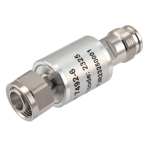 6 dB Fixed Attenuator 2.2-5 Male (Plug) to 2.2-5 Female (Jack) DC to 6 GHz Rated to 5 Watts, Brass Body, 1.25:1 VSWR Fairview Microwave FMAT7492-6