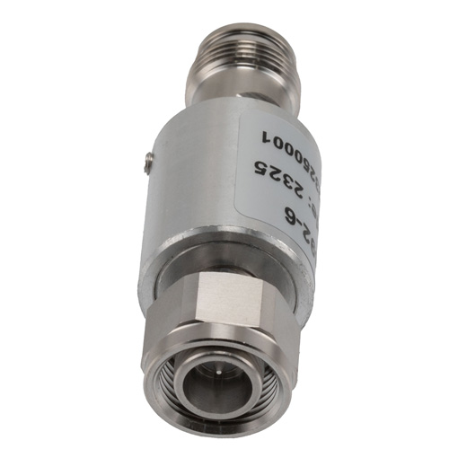 6 dB Fixed Attenuator 2.2-5 Male (Plug) to 2.2-5 Female (Jack) DC to 6 GHz Rated to 5 Watts, Brass Body, 1.25:1 VSWR Fairview Microwave FMAT7492-6