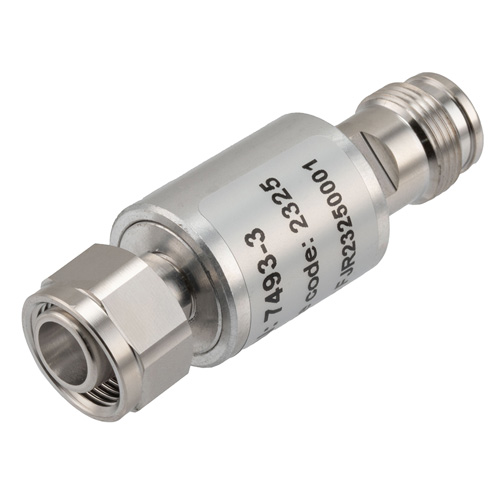 3 dB Fixed Attenuator 2.2-5 Male (Plug) to 2.2-5 Female (Jack) DC to 6 GHz Rated to 10 Watts, Brass Body, 1.25:1 VSWR Fairview Microwave FMAT7493-3