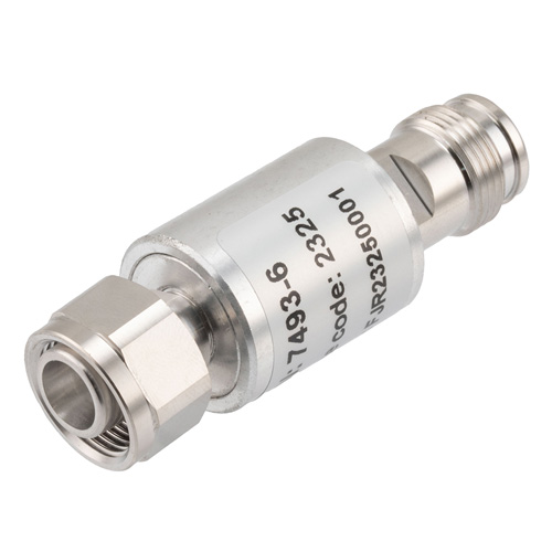 6 dB Fixed Attenuator 2.2-5 Male (Plug) to 2.2-5 Female (Jack) DC to 6 GHz Rated to 10 Watts, Brass Body, 1.25:1 VSWR Fairview Microwave FMAT7493-6