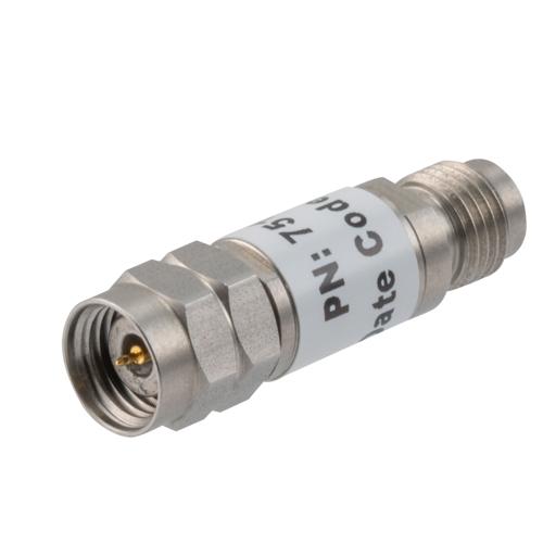 3 dB Fixed Attenuator 2.4mm Male (Plug) to 2.4mm Female (Jack) up to 50 GHz Rated to 2 Watts, Stainless Steel Body, 1.45:1 VSWR Fairview Microwave FMAT7510-3