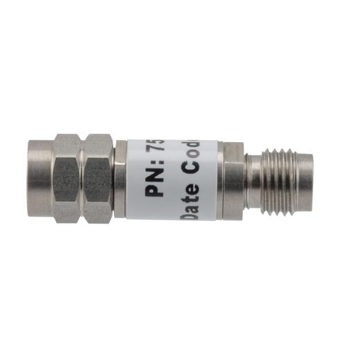 3 dB Fixed Attenuator 2.4mm Male (Plug) to 2.4mm Female (Jack) up to 50 GHz Rated to 2 Watts, Stainless Steel Body, 1.45:1 VSWR Fairview Microwave FMAT7510-3