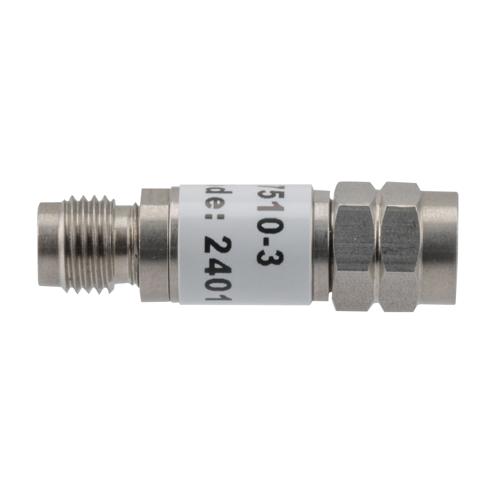 3 dB Fixed Attenuator 2.4mm Male (Plug) to 2.4mm Female (Jack) up to 50 GHz Rated to 2 Watts, Stainless Steel Body, 1.45:1 VSWR Fairview Microwave FMAT7510-3