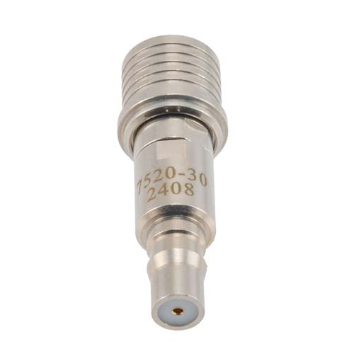 30 dB Fixed Attenuator QMA Male (Plug) to QMA Female (Jack) Up to 6 GHz Rated to 2 Watts, Brass Tri-Metal Body, 1.3:1 VSWR Fairview Microwave FMAT7520-30